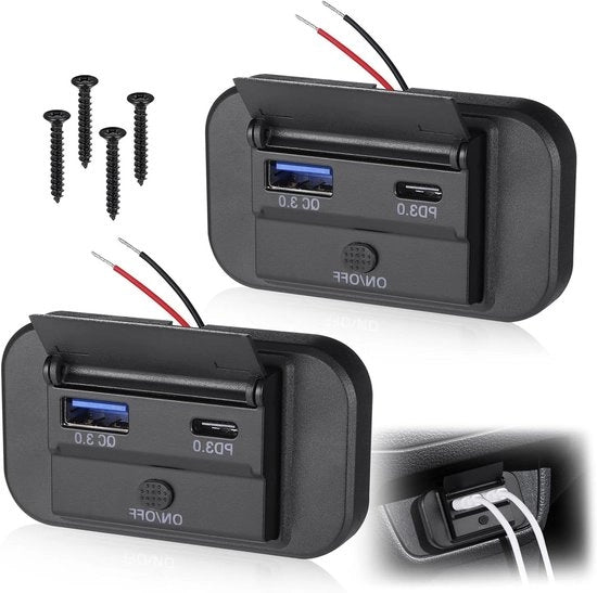 Autolader Dubbla USB con Interruttore - 2 pezzi - 55 W PD e 36 W QC3.0 - Connesioni di ricarica Type C - 12 V/24 V - Adatto per auto, SUV, caravan, camper, furgone.