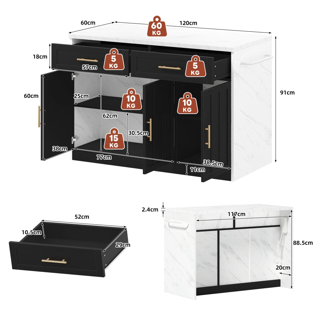 Isola da cucina 120x60x91 cm con bar, prese elettriche, USB e ripiani regolabili