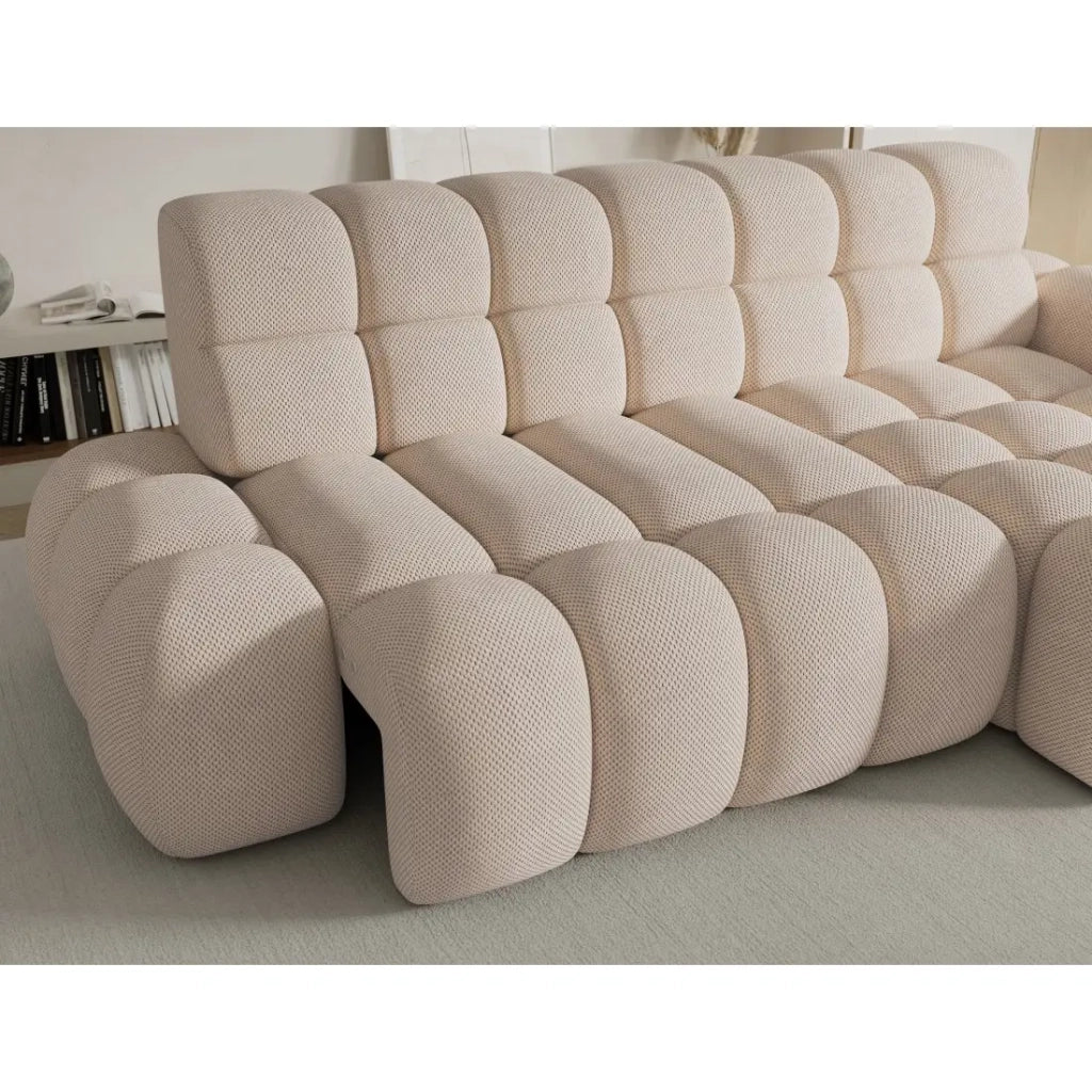 Divano ad angolo convertibile BULLA 3 posti beige angolo destro - tessuto a nido d'ape con estensione seduta elettrica
