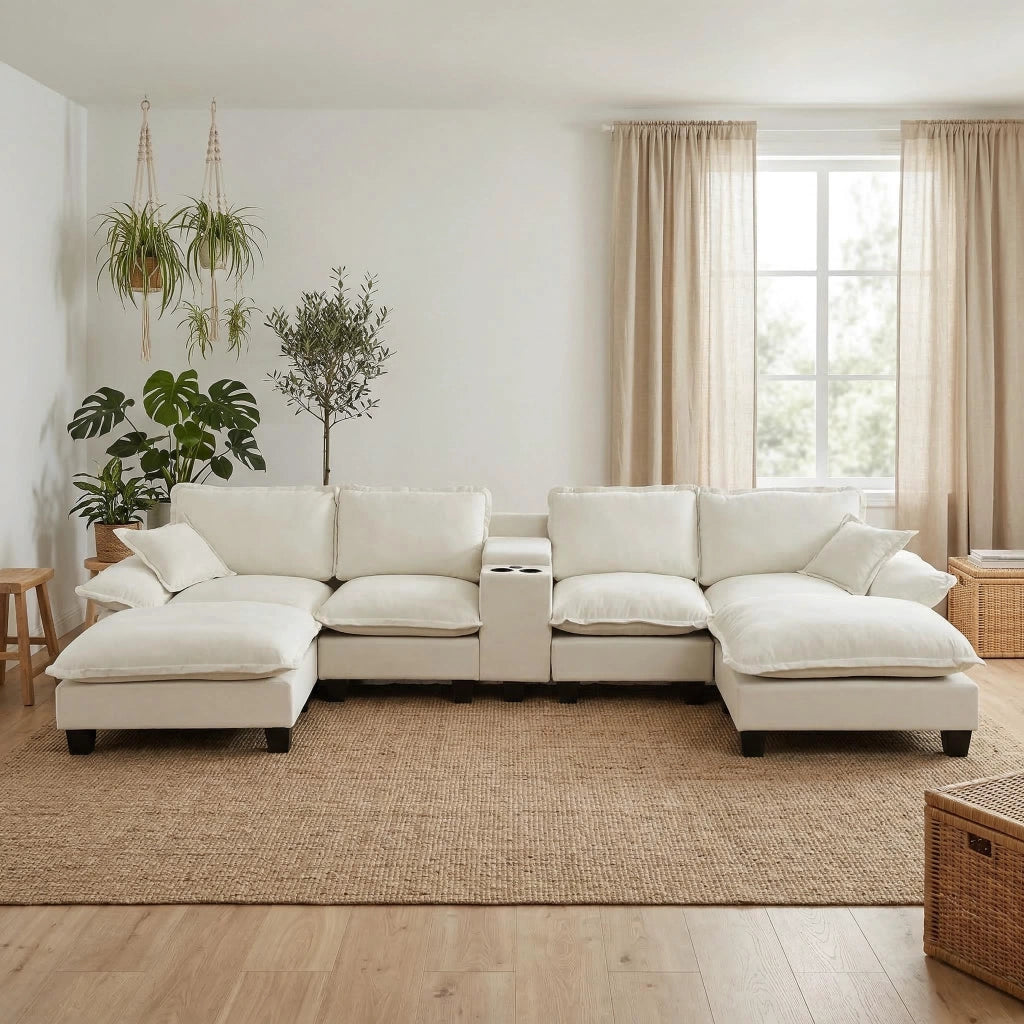 Divano modulare a U con contenitore; USB e portabicchieri in chenille beige 362×151×90 cm