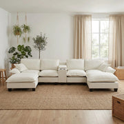 Divano modulare a U con contenitore; USB e portabicchieri in chenille beige 362×151×90 cm