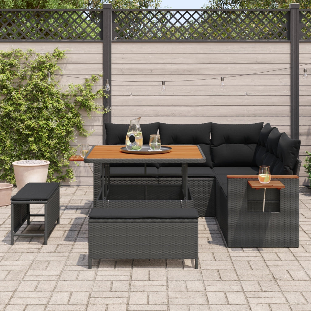 Set Divano da Giardino  8 pezzi con Cuscini Nero Polyrattan Acacia