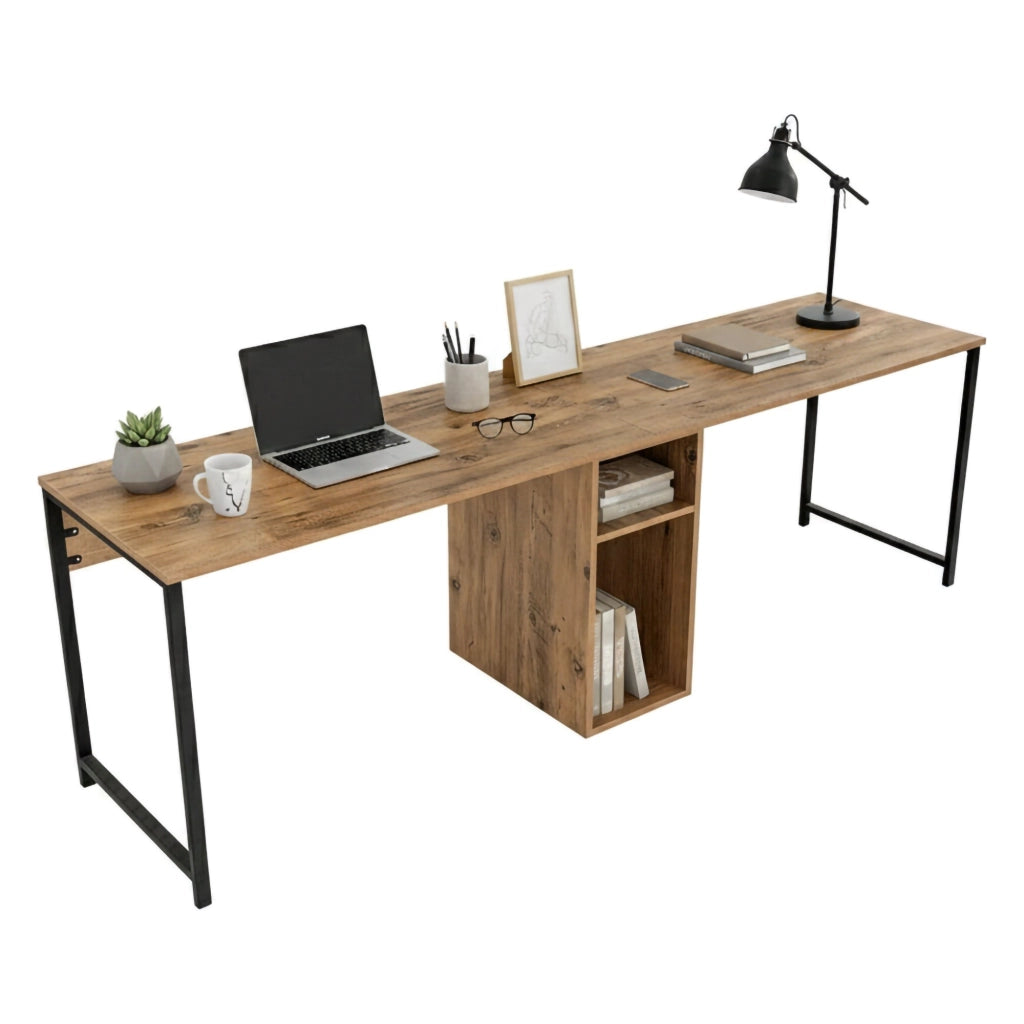 Scrivania Violet, Scrittoio multiuso, Tavolo per ufficio porta PC, Piano di lavoro, 240x60 h74 cm, Pino e Nero