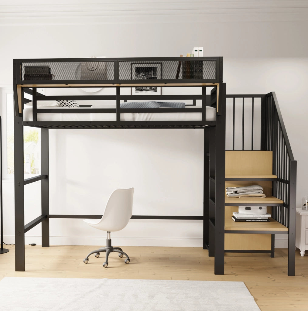 Letto a soppalco 90x200 in metallo con scala di sicurezza e ripiano modulabile, nero