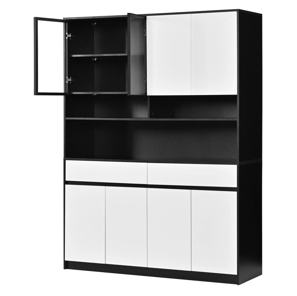 Credenza alta in MDF nero e bianco con LED, 120x38x160 cm