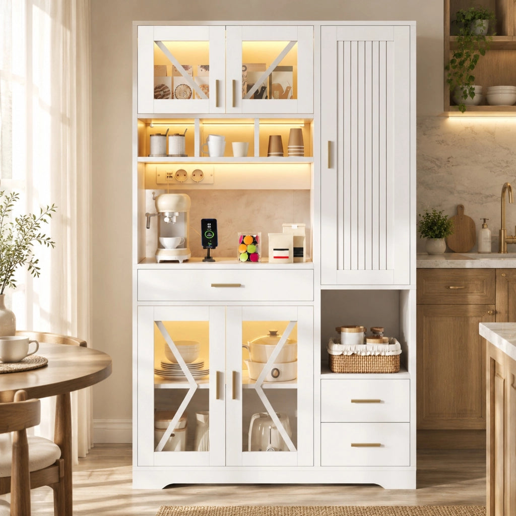 Colonna da cucina 105x40x185 cm in MDF bianco, stile rustico, con LED e prese