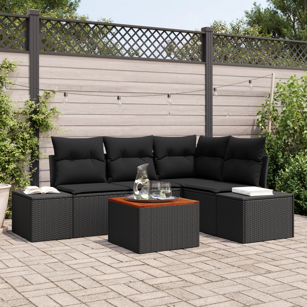 Set di divani da giardino a 5 pezzi con cuscini in rattan nero e acacia