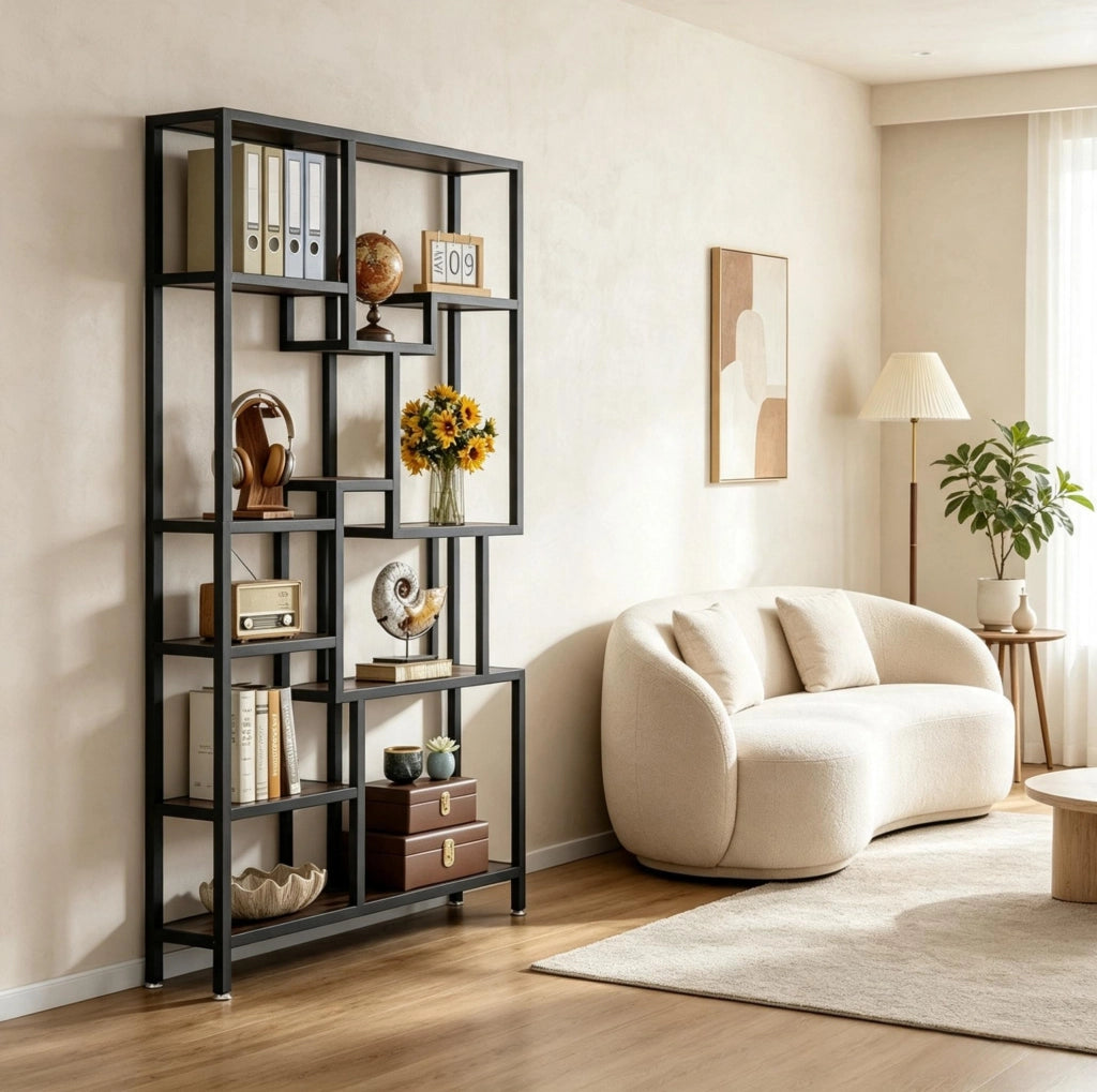 Libreria 100x30x180 cm in metallo e truciolare nero e marrone salvaspazio –