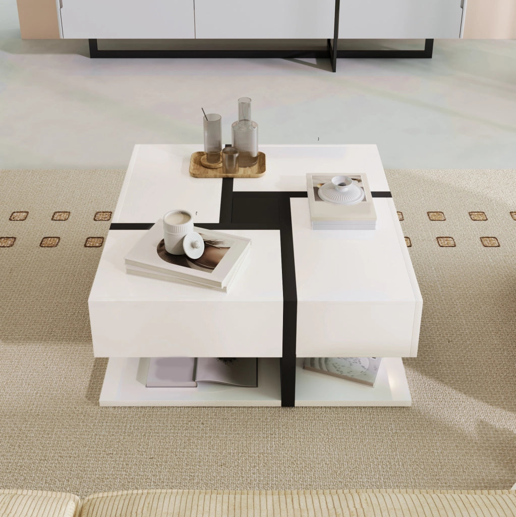 Tavolino da caffè quadrato lucido 78x78x36 cm con 4 cassetti e ripiano inferiore; bianco