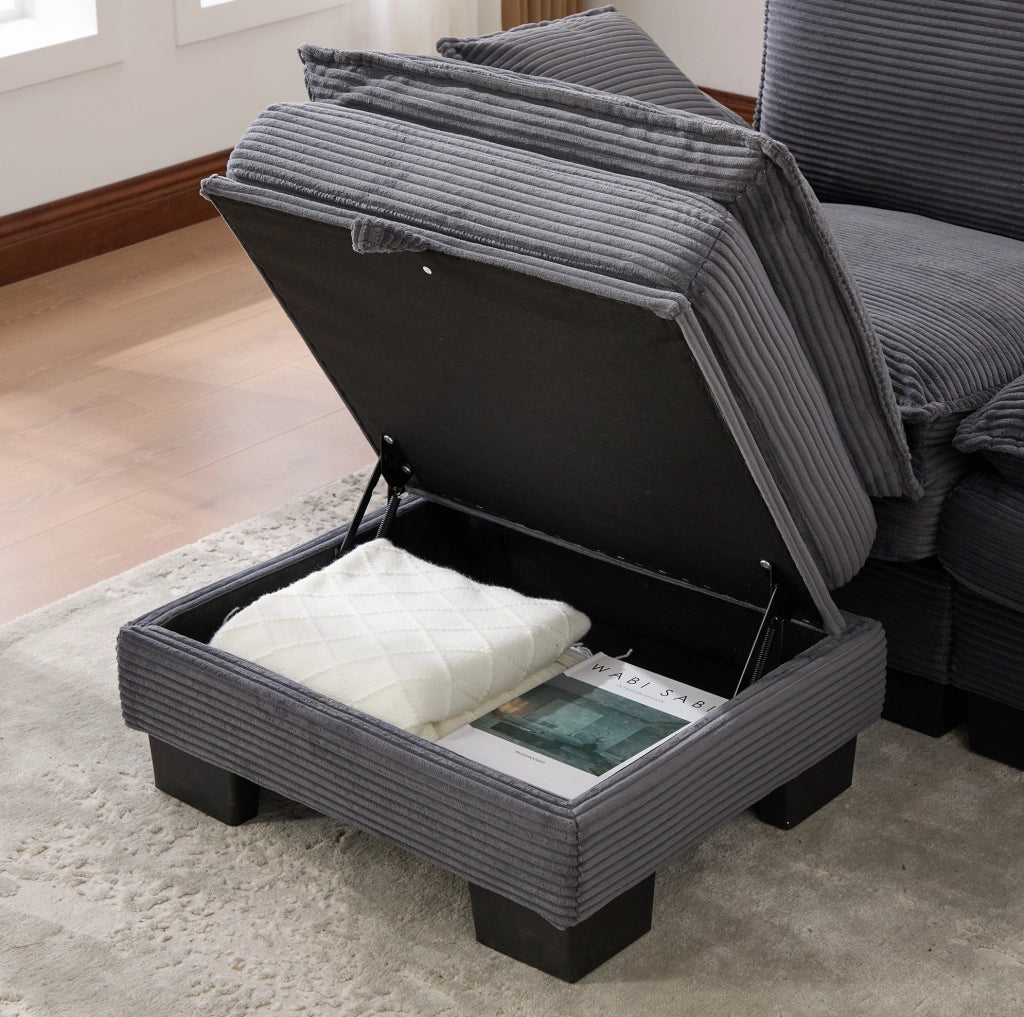 Divano 2 posti con pouf e porta USB-C in tessuto corduroy; 190x132x84 cm; grigio scuro