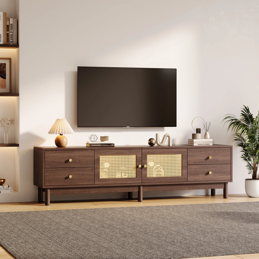 Mobile TV con 2 ante in rattan e 4 cassetti; passacavi - per soggiorno - 180x35x44 cm - marrone