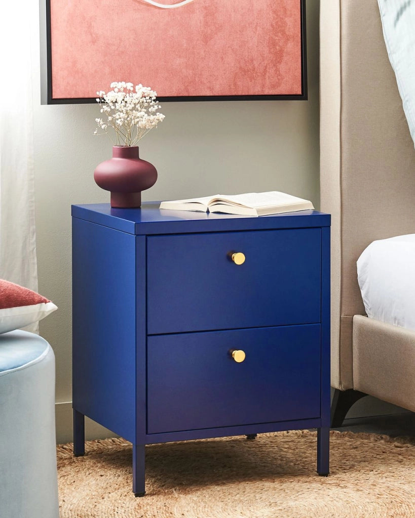 Comodino in Acciaio Blu Design Industriale 2 Cassetti Camera da Letto Mobili Contenitori