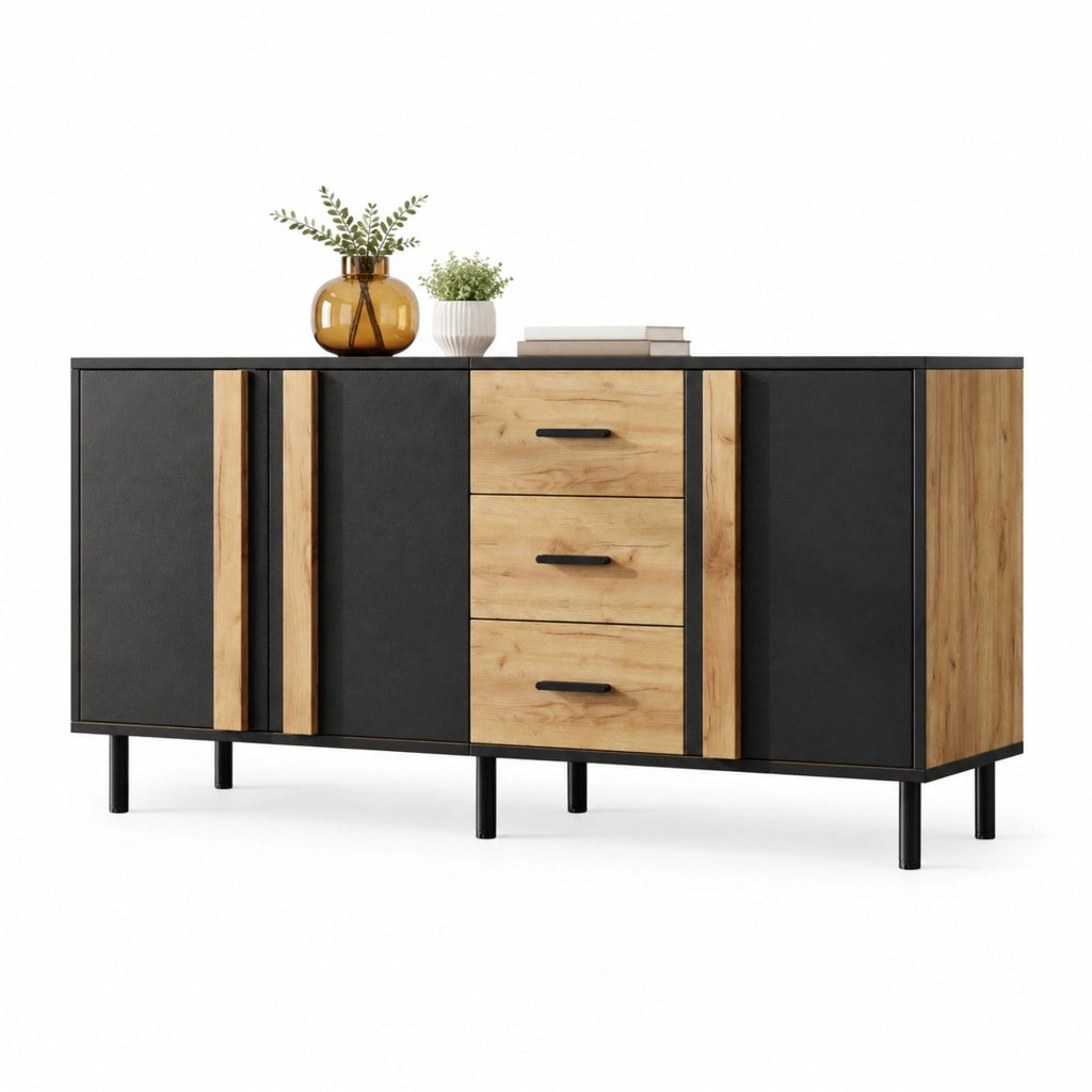 Credenza moderna 140x35x70 cm in MDF con 3 ante e 3 cassetti; nero e legno