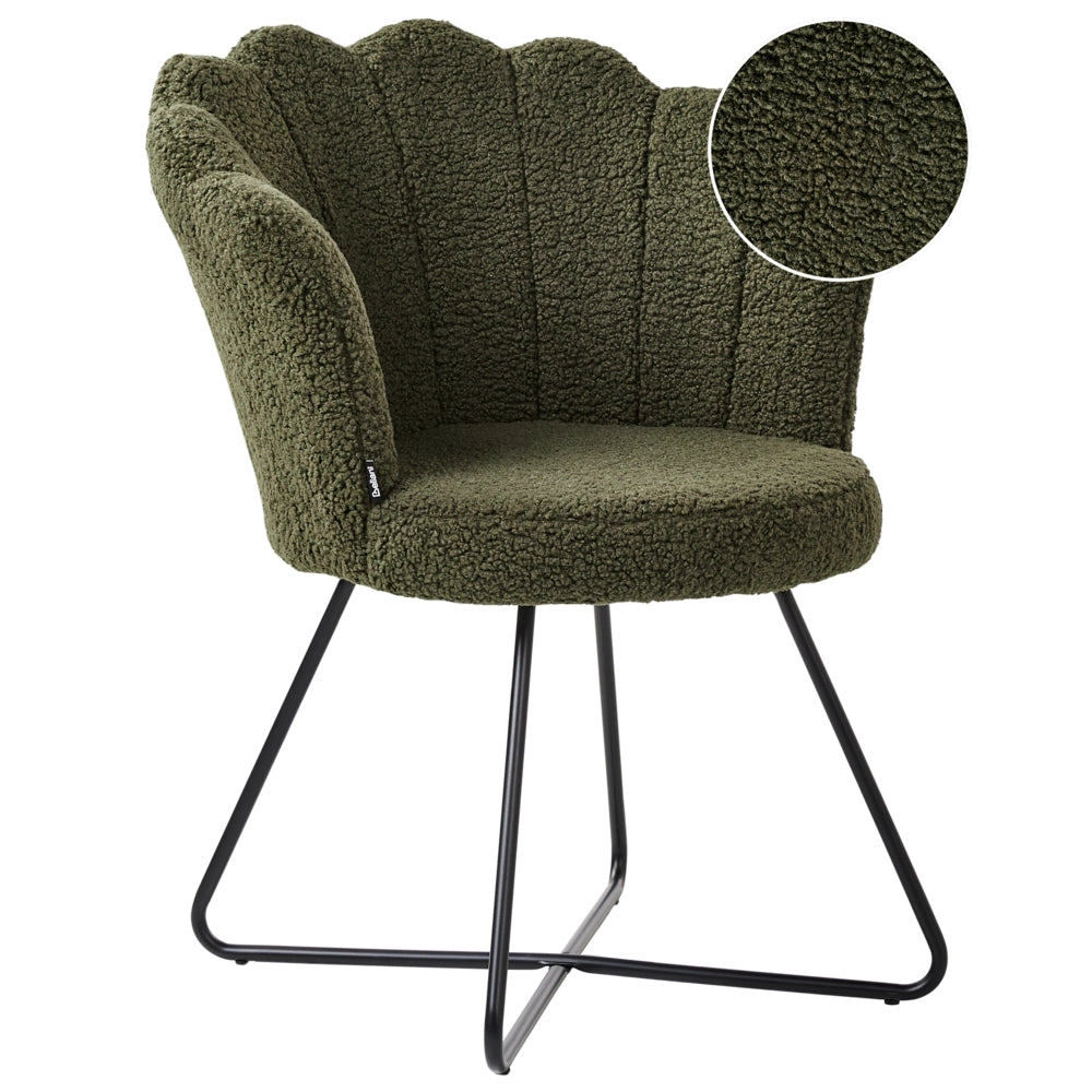 Poltrona senza braccioli Rivestimento in bouclé verde scuro Schienale a conchiglia Design classico vintage Struttura in metallo nero