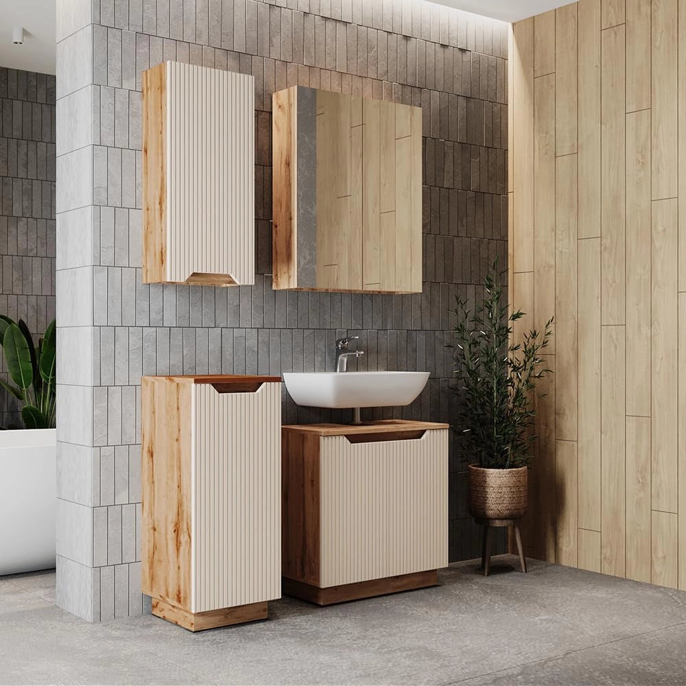 Set di mobili da bagno Lotta, Rovere/cashmere a righe, 4 parti