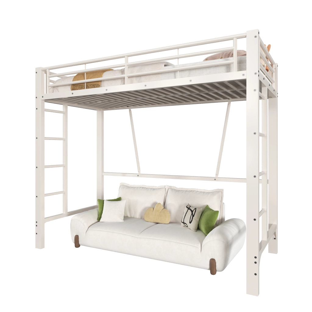 Letto a soppalco 90x200 cm – con doppia scala e spazio sottoletto modulabile – metallo – bianco