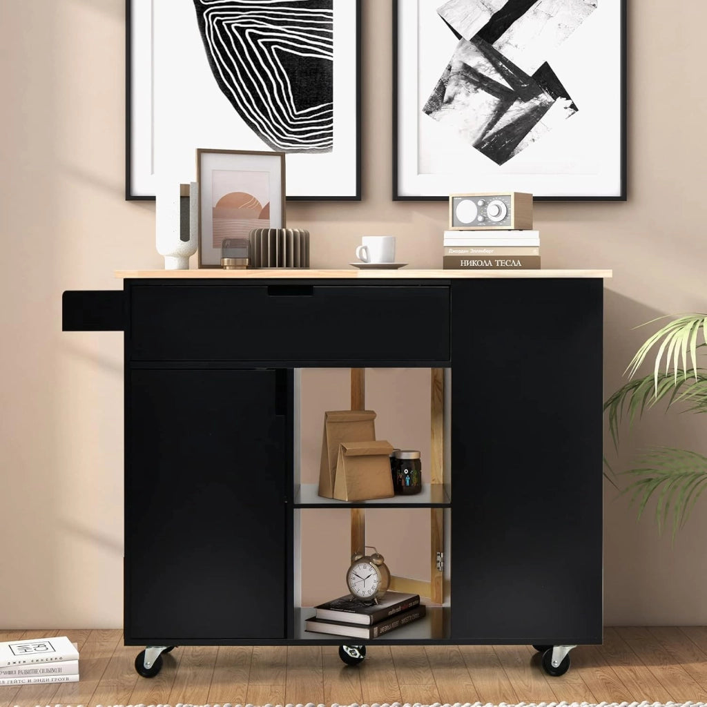 COSTWAY Carrello da Cucina con Cassetto, Carrello Servizio con Ripiano Aperto e Pieghevole, Carrello Multiuso con Ruote e Portasciugamani, 124x76x92 cm (Nero)