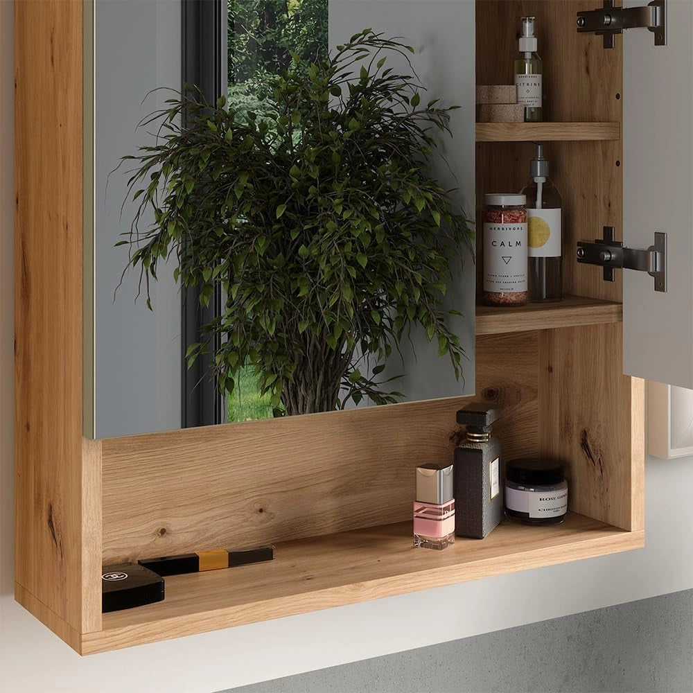 Specchio contenitore bagno Irma, Verde salvia, 54 x 55 cm, per montaggio a parete con specchio e vani a giorno