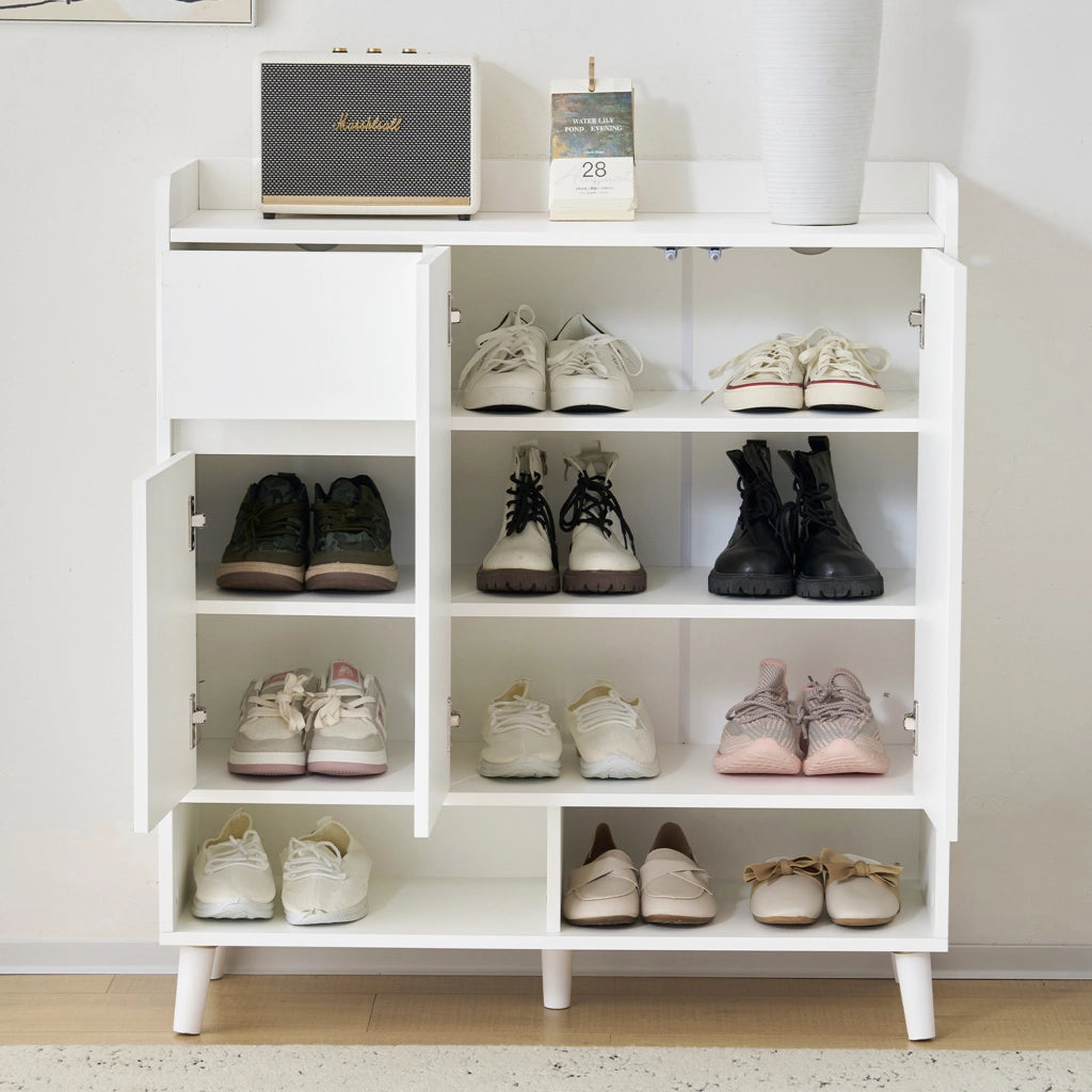 Mobile contenitore con ripiani regolabili e vani aperti, per ingresso, in truciolare, bianco, 90 × 35 × 99 cm