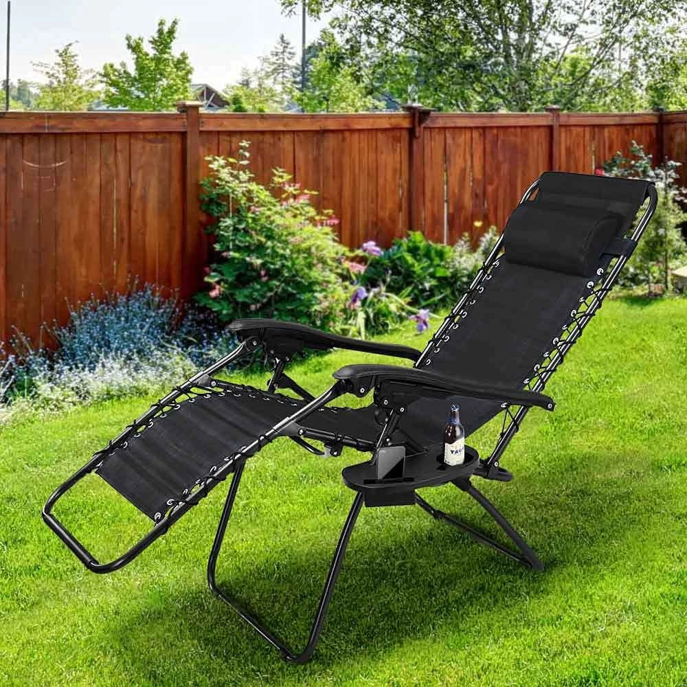 Sedia Poltrona Giardino Gravita Zero Pieghevole Acciaio Texilene + Vassoio Nero