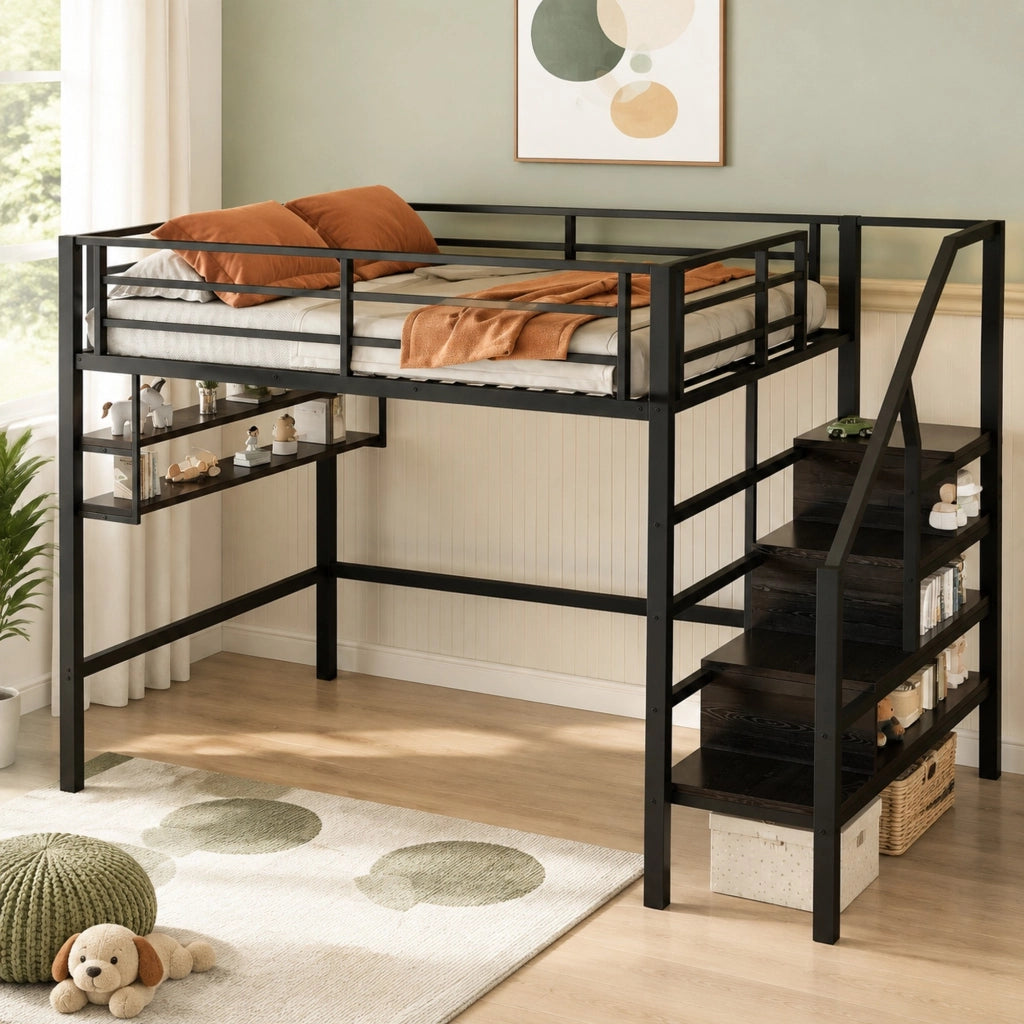 Letto a soppalco 140x200 cm con ripiani, scala contenitore e ringhiera di sicurezza