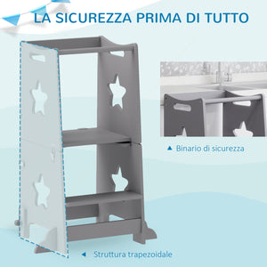 Scala Montessori Convertibile  60x44.5x86 cm in Set Tavolo e Sedie con Barra di Sicurezza in Legno Grigio