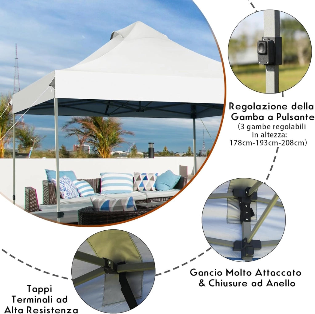 Gazebo Pieghevole da Giardino 3 x 3 m, Gazebo da Esterno con Design Pop Up, Borsa a Ruote, 3 Altezza Regolabile, Ideale per Feste, Giardino e Spiaggia(Bianco)
