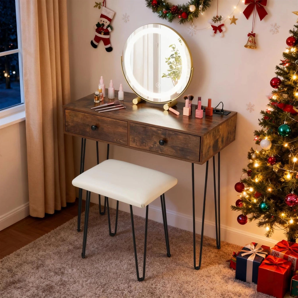 Toeletta Trucco con Specchio e Luci, Tavolo Trucco con Specchio Regolabile, Stazione di Ricarica Integrata, 2 Cassetti, Sgabello Imbottito, per Soggiorno Camera da Letto