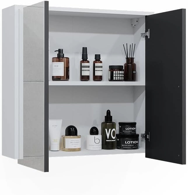 Specchio contenitore bagno Maltin, Bianco/antracite, 60 x 58 cm con due porte a specchio, con ritaglio per sifone e soluzione salvaspazio per il bagno