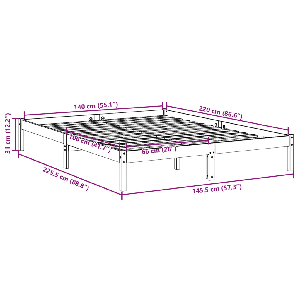 Letto Extra Lungo senza Materasso 140x220 cm in Legno di Pino