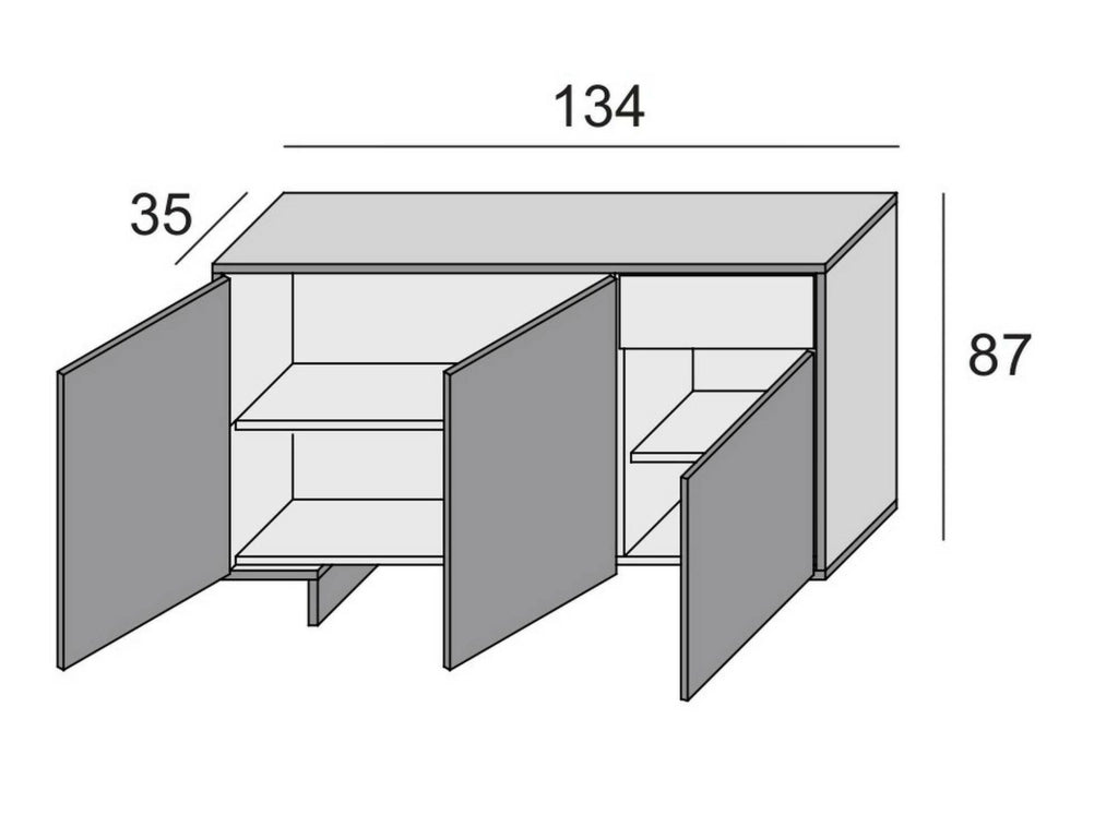 Credenza Arius, Madia da salotto, Buffet da soggiorno a 3 ante e 1 cassetto, 100% Made in Italy, 134x35h87 cm, Bianco e Cemento