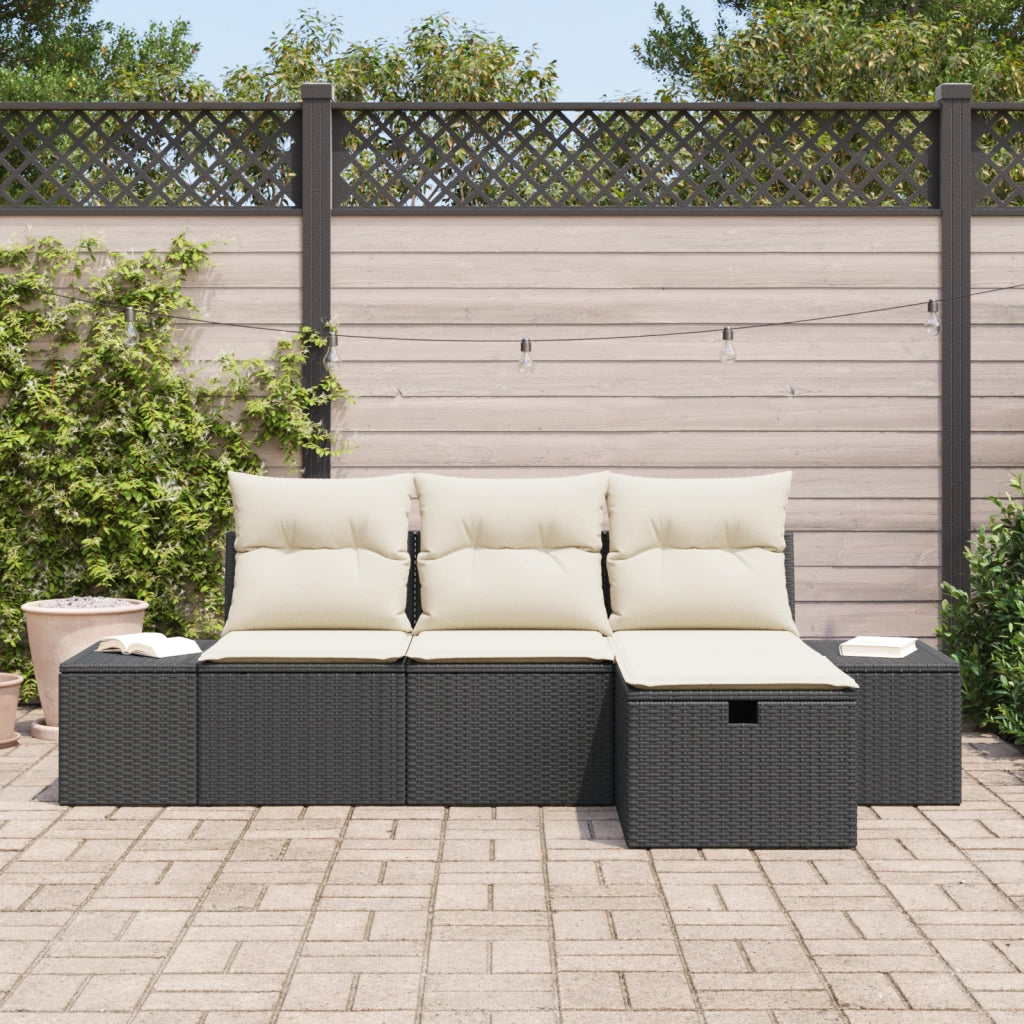 Set di divani da giardino 4 pezzi con cuscini in rattan nero