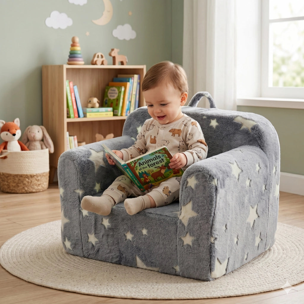 Poltroncina per bambini in schiuma, grigia, con maniglia e tasche laterali