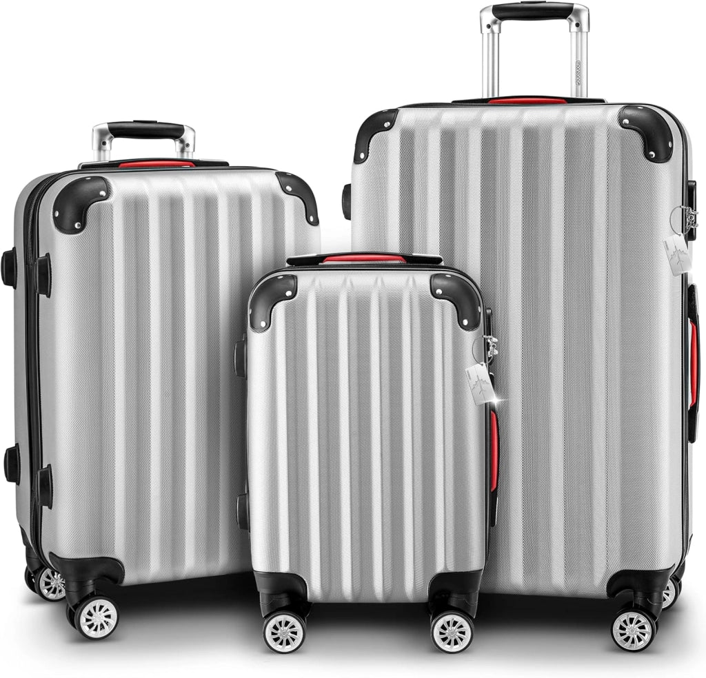 ® Set di Valigie 3 Pezzi con Lucchetto Organizer Cinghia Maniglie Ruote Doppie Piedi Trolley Rigido M-L-XL