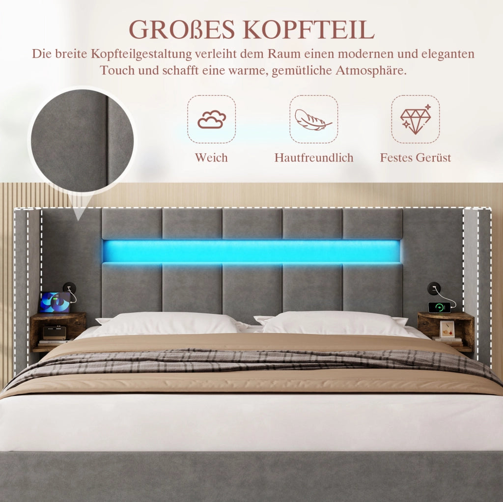 Letto matrimoniale 160x200 cm in velluto grigio scuro con LED e USB