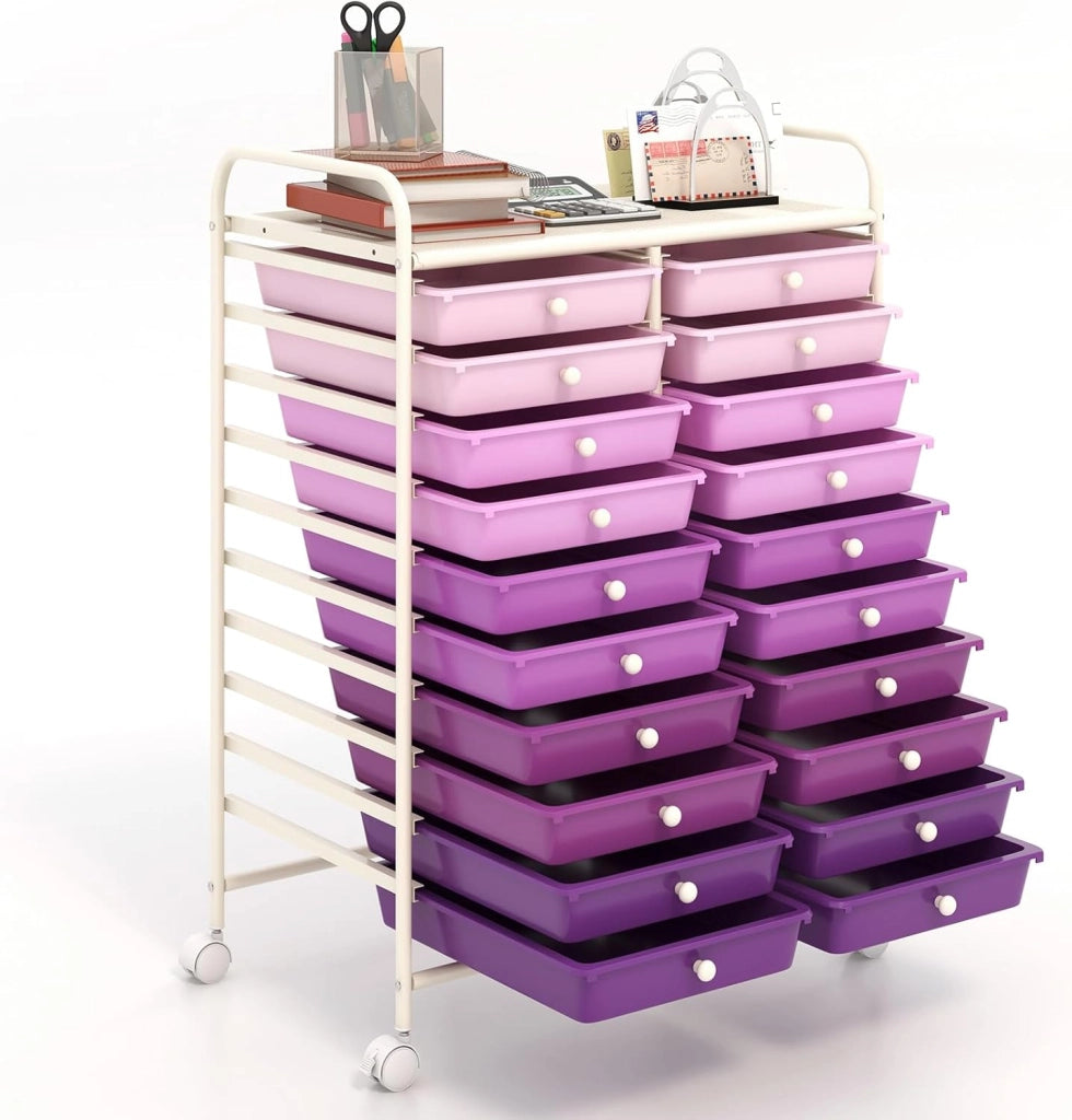 Carrello con 20 cassetti, impilabile, carrello per cassetti, da cucina, con ruote bloccabili, carrello per cucina, bagno, ufficio, 64 x 39 x 88 cm (viola)