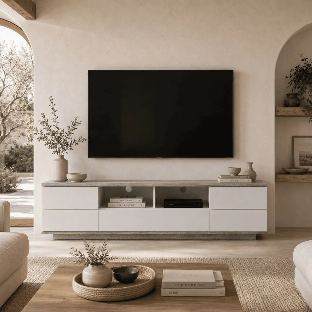 Mobile TV Moderno In MDF Con 4 Ante Anta A Ribalta 2 Vani A Giorno Passacavi Mobile Porta Televisore Per Soggiorno Living Salotto Design Funzionale E Contemporaneo 180 x 38 x 46 Cm Bianco E Grigio Cemento