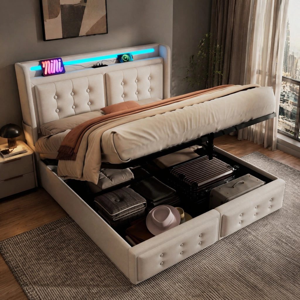 Letto matrimoniale imbottito ULEVR 160x200 cm con contenitore a gas, LED, prese USB e Type-C, beige