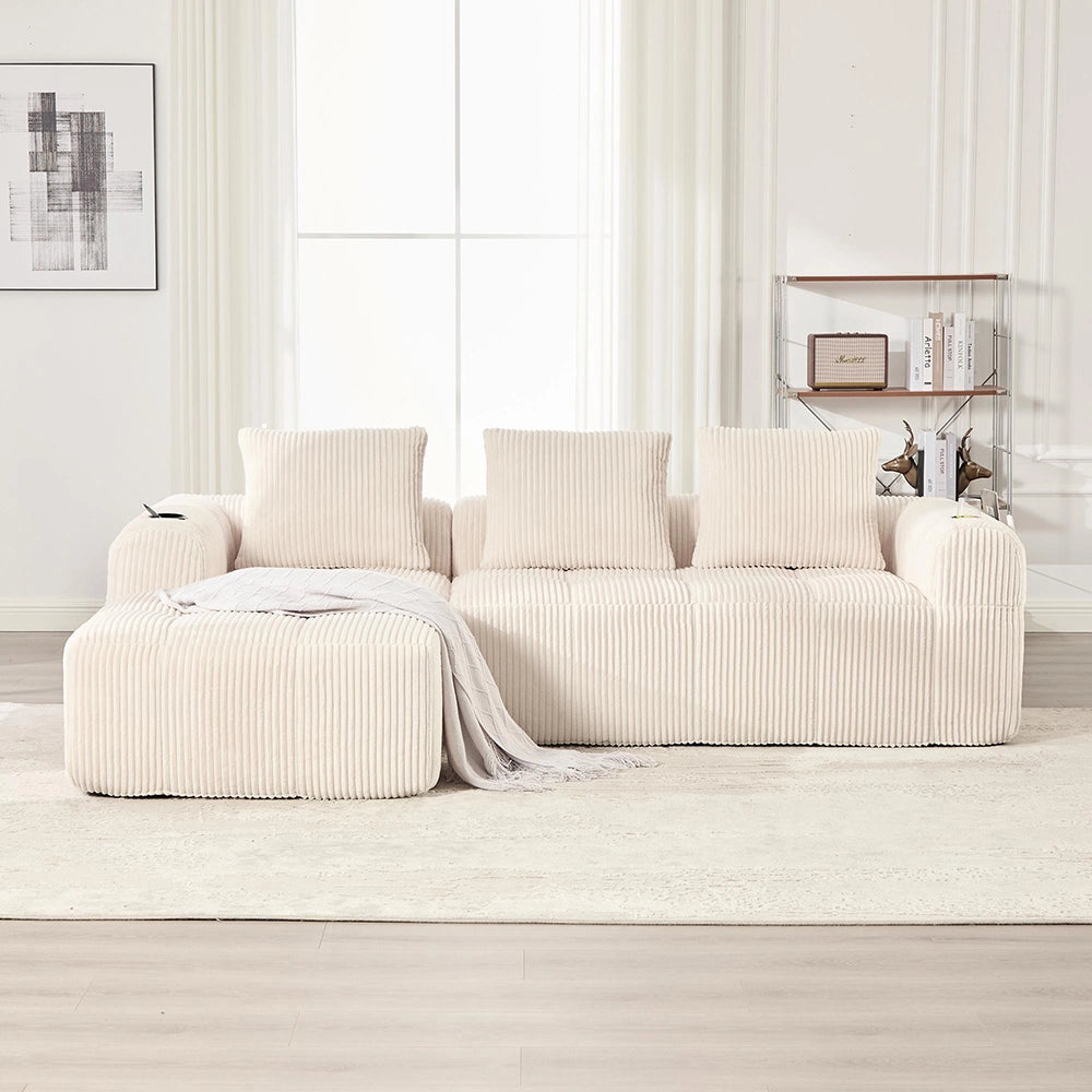 Divano compatto in velluto costellato - Xylo - Beige - Confort premium, modulare, tasca laterale e porta-bevande