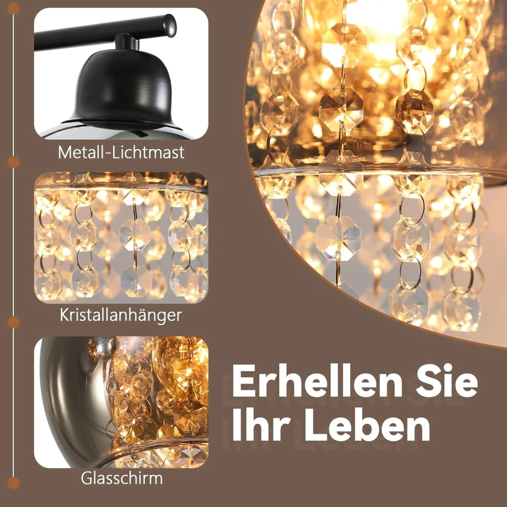 ZMH Applique da parete per interni E27 in vetro grigio fumé design lampada da parete in cristallo per letto scale