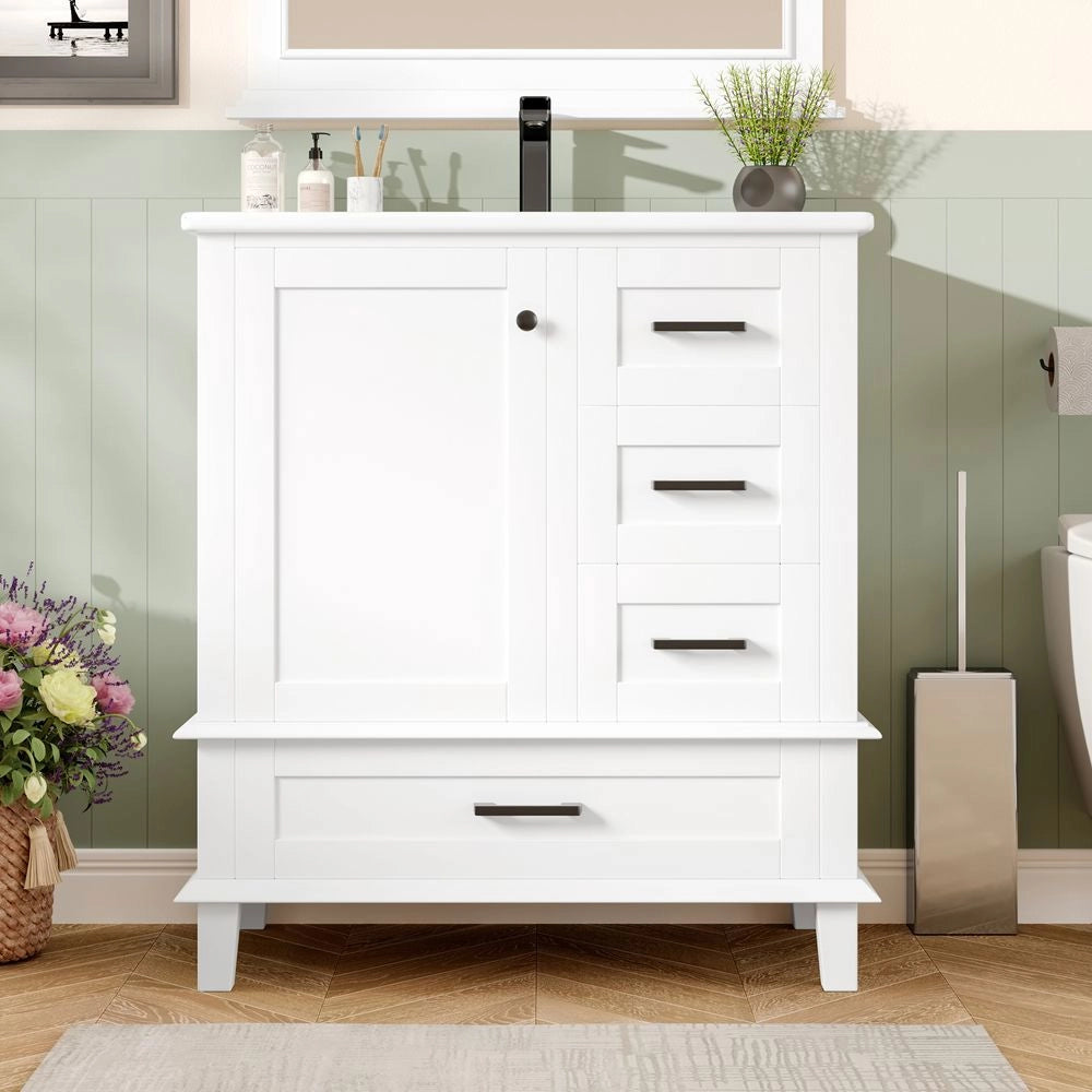 Armadio da bagno con lavabo - Xylo - 76x46x83,5cm - Bianco - Vaschetta in ceramica, tre cassetti silenziosi, scaffale porta
