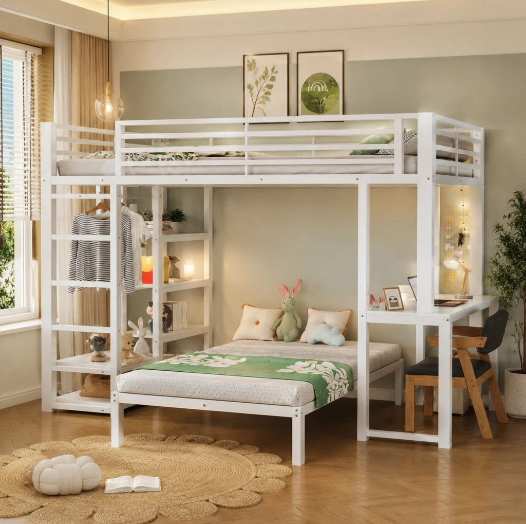 Letto a soppalco 90x200 cm con scrivania e scaffali, bianco