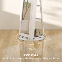Specchio Portagioie 3 in 1 Girevole a 360°, Ripiani Posteriori e Anta con Chiave, 55x55x161 cm, Bianco