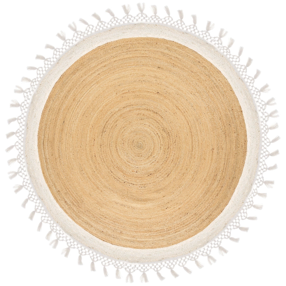 Tappeto Beige e Bianco Rotondo 200 cm Boho Rustico Spirale Intrecciato Fatto a mano Juta Naturale Camera da letto Soggiorno
