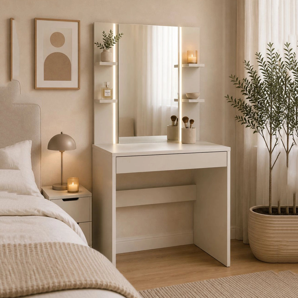 Mobile da Trucco Loga, Toeletta Specchio Incluso, 80x40x136h cm Beige Chiaro