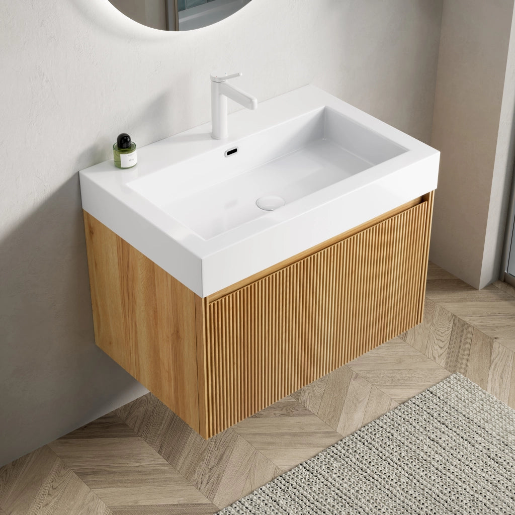 Mobile Bagno Sottolavabo con Lavabo Integrato ¨C MINIMAL ¨C Legno Naturale, 1 Cassetto, 70 cm