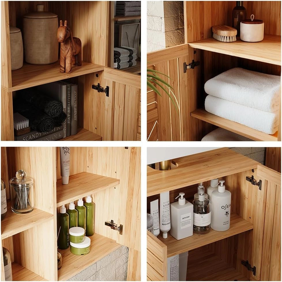 Set di mobili da bagno Lucie, Bambù, 60 cm, composto da mobile lavabo, pensile a specchio, colonna e base media