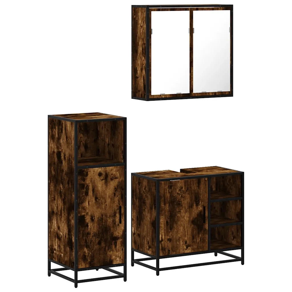 Set Mobili da Bagno 3 pz Rovere Fumo in Legno Multistrato