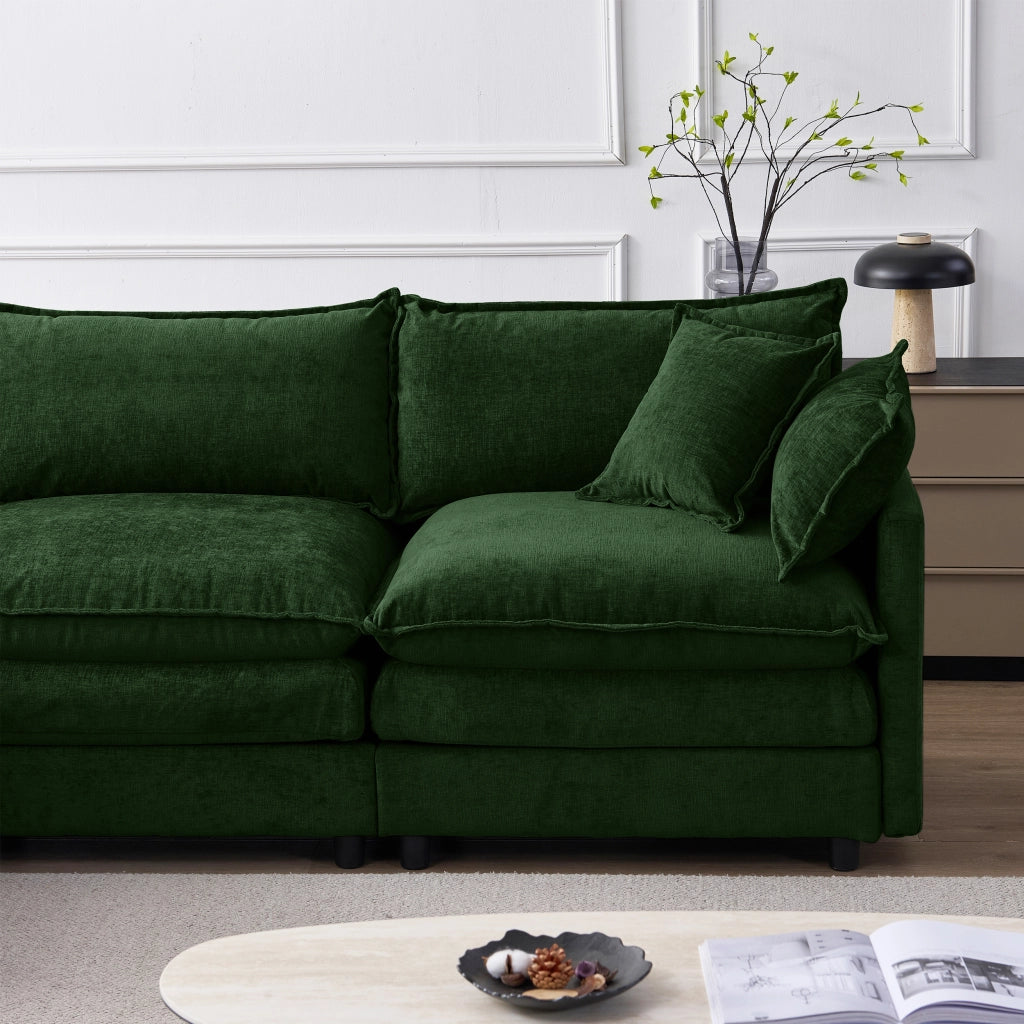 Divano angolare modulare con pouf mobile in chenille verde con seduta in memory schiuma e per 3 persone