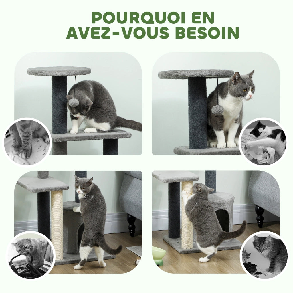 Arbre ¨¤ Chat con Piattaforme, Tana e Palla in Peluche, Paletti in Sisal ¨C zephmum ¨C Grigio 103 cm